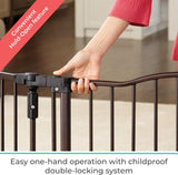 Toddleroo by North States 72” wide Deluxe Décor Baby Gate: Sturdy safety gate with one hand operation. Extra wide baby gate. Hardware Mount. Fits 38.3 - 72” Wide. (30" Tall, Matte Bronze)